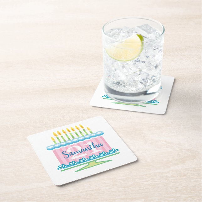 21:a födelsedag Blå Rosa-kummel Underlägg Papper Kvadrat (Insitu)