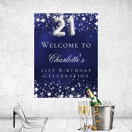 21:a födelsedag blå silver-stjärnor välkomna party poster