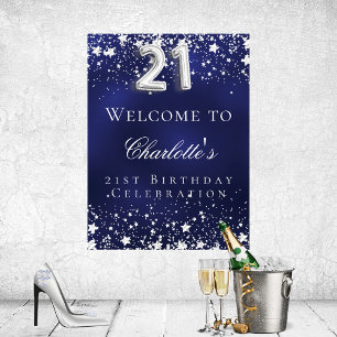 21:a födelsedag blå silver-stjärnor välkomna party poster