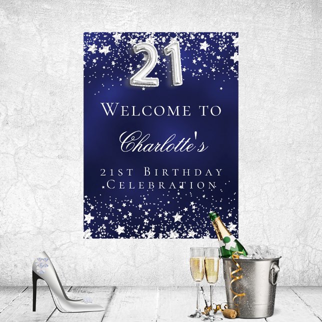 21:a födelsedag blå silver-stjärnor välkomna party poster (Skapare uppladdad)