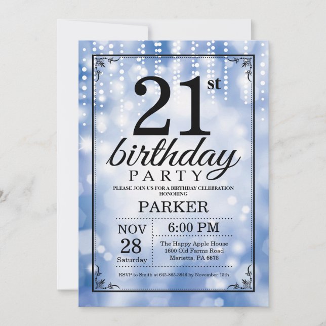 21:a födelsedag Blått Glitter Inbjudningar (Framsida)