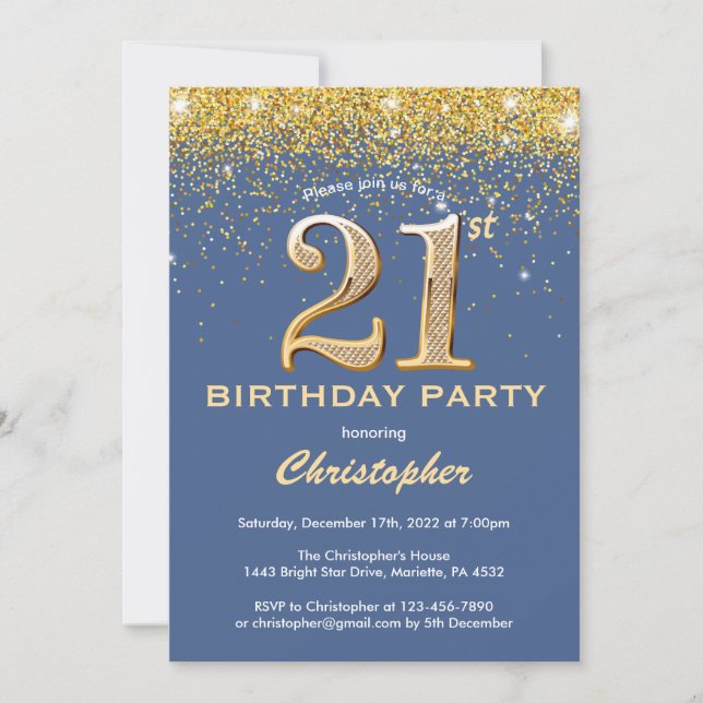21:a födelsedag Blått och Glitter-konfetti Guld Inbjudningar (Framsida)