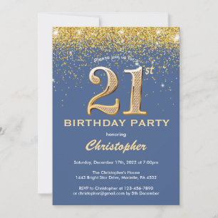 21:a födelsedag Blått och Glitter-konfetti Guld Inbjudningar