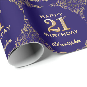 21:a födelsedag Blått och Guld Glitter Ram Presentpapper