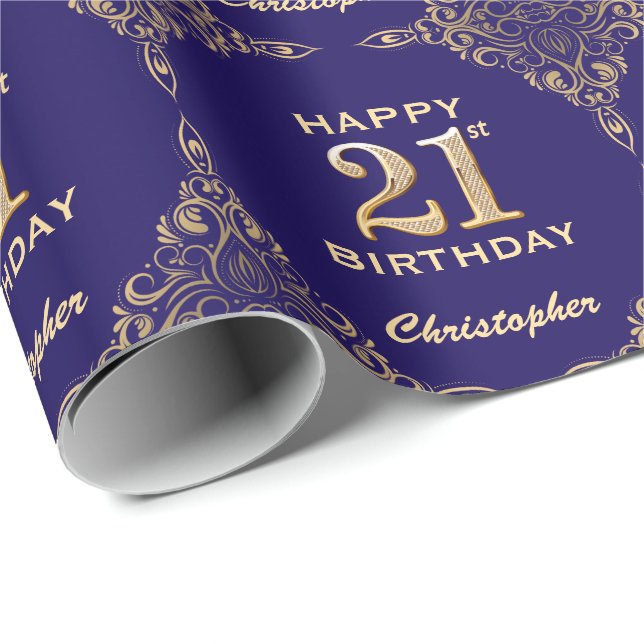 21:a födelsedag Blått och Guld Glitter Ram Presentpapper (Rullad Hörn)