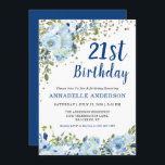 21:a födelsedag Blommigten Blåa Guld Glitter Inbjudningar<br><div class="desc">21:a födelsedag Blått skript Blommigt Watercolor Guld Confetti Glitter-prickinbjudan Utformningen har vackra blommigtar för vattenfärgsblått ljus och grönt.</div>