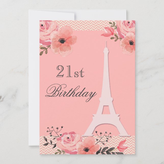 21:a födelsedag Blommigten Chic Paris Eiffel Torn Inbjudningar (Framsida)