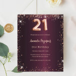 21:a födelsedag, burgundy ro guld inbjudan<br><div class="desc">För elegant 21:a födelsedag. En burgundisk övertoningsbakgrund färg. Dekorerad med damm från ro guld faux glitter. Anpassa och lägg till information om namn och party. Namn är skrivet med ett handskript i stil. 1 lakan = 1 inbjudan tryckt kant till kant.</div>