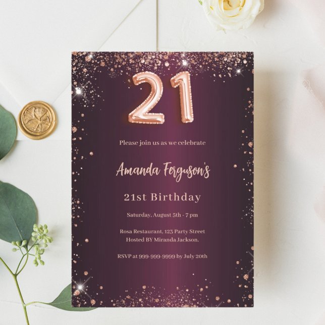 21:a födelsedag, burgundy ro guld inbjudningar (Skapare uppladdad)