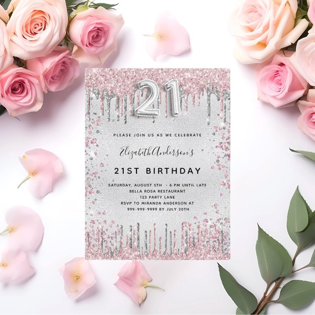 21:a födelsedag damm från silver rosa metall glitt inbjudan vykort (Skapare uppladdad)