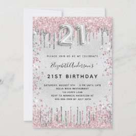 21:a födelsedag damm från silver rosa metall glitt inbjudningar
