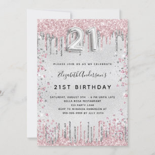21:a födelsedag damm från silver rosa metall glitt inbjudningar