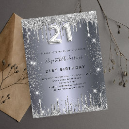 21:a födelsedag Dammglam från silver metall glitte Inbjudan Vykort