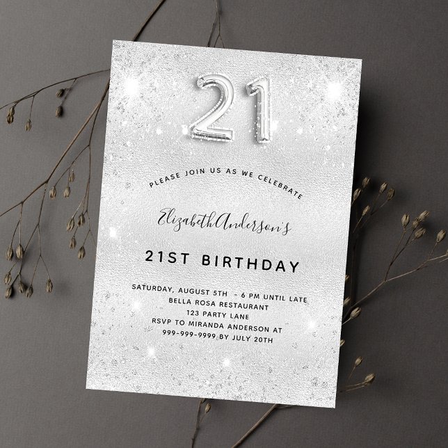 21:a födelsedag Dammglam från silver metall glitte Inbjudningar (Skapare uppladdad)