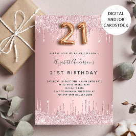 21:a födelsedag  droppar i rosa i ro glitter inbjudningar