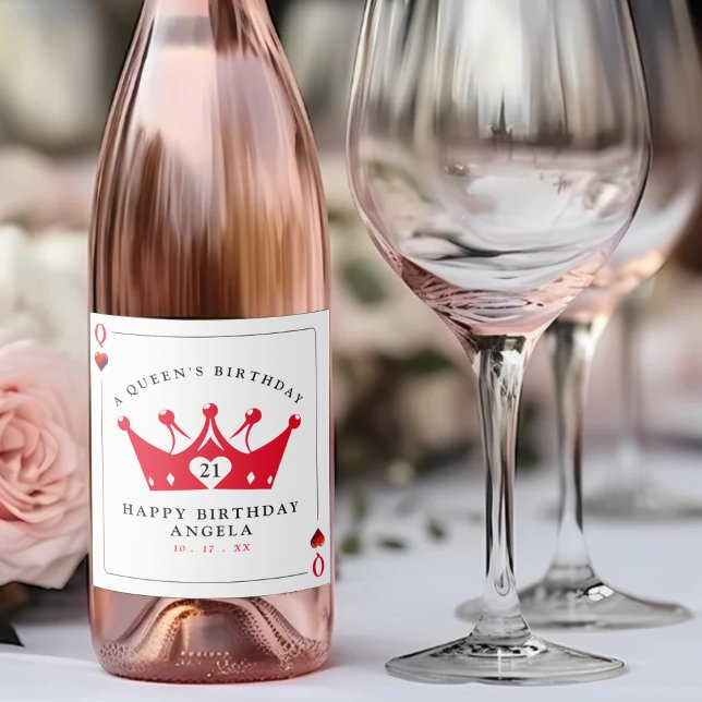 21:a födelsedag drottning av Hearts Casino Poker C (21st Birthday Queen of Hearts Casino Poker Card Sparkling Wine Label
)