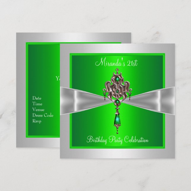 21:a födelsedag Elegant Lime Green Silver White Bo Inbjudningar (Fram/baksida)