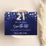 21:a födelsedag för marinblå silver-stjärnor spara datumet<br><div class="desc">En modern och elegant Spara datum för en 21-årsdag party. En marin blå bakgrund med faux silver-stjärnor. Anpassa och lägg till ett datum och namn. Den blå färg är ojämn. Texten: Spara datumet skrivs med ett stort trendig-handskript i stil.</div>