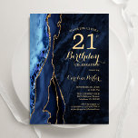 21:a födelsedag för marinblått Guld Inbjudningar<br><div class="desc">21:a födelserbjudandet till marinfest och guld. Elegantens moderna utformning med royal blue water agate marble geode-bakgrund,  faux glitter guld och typography-skript. Trendig inbjudan-kortets perfekt för en snyggt kvinnor i firande. Skrivna Zazzle-inbjudningar eller digital utskrivbar mall för omedelbar nedladdning.</div>