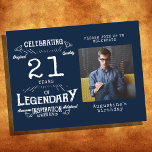 21:a födelsedag Fotoblå Vintage Birthday Inbjudan<br><div class="desc">Ta tillfället i akt med en klassisk inbjudan vintage-stil att högtidlighålla din speciella milstolpe med att fira 21:a födelsedag! Det här fantastiska vykortet stil inbjudan har traditionell typografi med en ställe-hållare som inkluderar ditt favoritfoto. Perfekten för den speciella händelsen kommer inbjudan att bli en tidlös påminnelse om er särskilda händelse....</div>