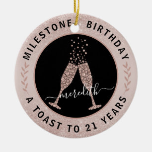 21:a födelsedag Glitter Champagne Toast Namn Julgransprydnad Keramik