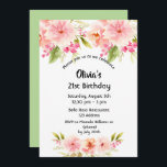 21:a födelsedag grönt för korallblommor inbjudningar<br><div class="desc">Ett inbjudningskort för elegant för en 21-årsdag party. Med contemporaryns rosa,  persiko- och korallfärgade färgad vattenfärgade dahlia-blommor som dekoration. En bakgrund för pastellgrönt på baksidan. Namn är skrivet med stil-skript i svart skrift.</div>