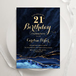 21:a födelsedag i marmor av blå Guld Inbjudningar<br><div class="desc">21:a födelserbjudandet till marinfest och guld. Elegantens moderna utformning med royal blue water agate marble geode-bakgrund,  faux glitter guld och typography-skript. Trendig inbjudan-kortets perfekt för en snyggt kvinnor i firande. Skrivna Zazzle-inbjudningar eller digital utskrivbar mall för omedelbar nedladdning.</div>