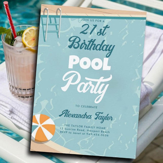 21:a födelsedag Ideas Sommar Bassäng Party Teal Aq Inbjudningar (21st birthday party ideas summer pool party backyard outdoors invitations templates personalized)