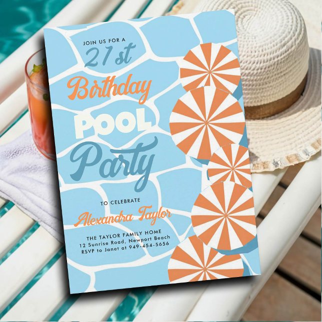 21:a födelsedag Idéer sommaren Bassäng Party Umbre Inbjudningar (21st birthday ideas pool birthday party theme summer backyard personalized invitations aqua orange)