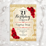 21:a födelsedag - inbjudan till Guld Rand Ro<br><div class="desc">21:a födelsedagsinbjudan. Elegantens utformning i guld och rött. Funktioner faux glitter guld rand,  röd ros snyggt,  skriptteckensnitt och konetti. Perfekt för en glam-födelsedagsfest.</div>