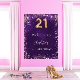 21:a födelsedag lila glitter-miniatyrbilder välkom poster