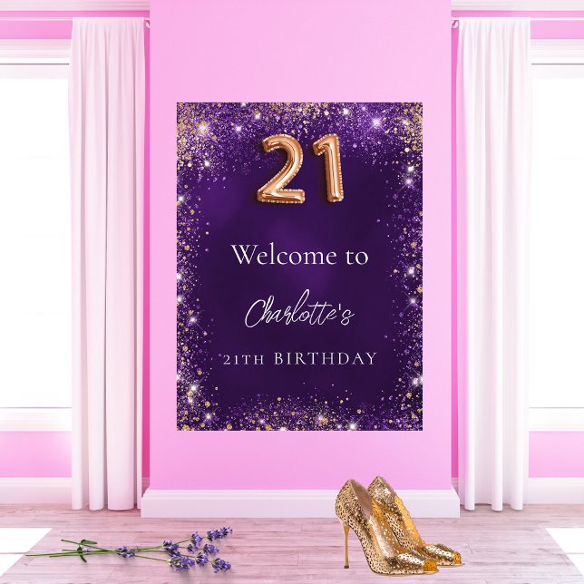 21:a födelsedag lila glitter-miniatyrbilder välkom poster (Skapare uppladdad)