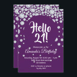 21:a födelsedag lila hej 21 diamanter glam inbjudningar<br><div class="desc">En elegant och glamorös inbjudan till en party på 21:a födelsedag för en flicka. Chic faux-diamanter på en lila bakgrund. En stor färgad i lila med modernt,  handskrivet stil: Hej 21! Mallar för information om party. Vit brev.</div>