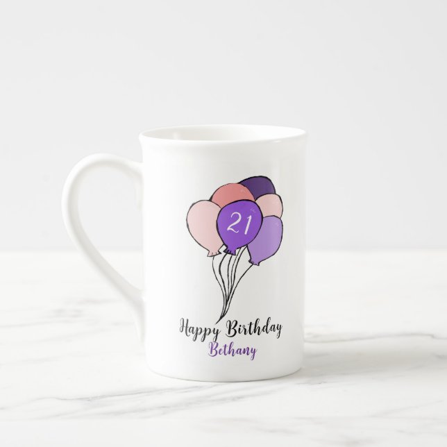 21:a födelsedag lila och rosa ballonger benporslin mugg (Vänster)