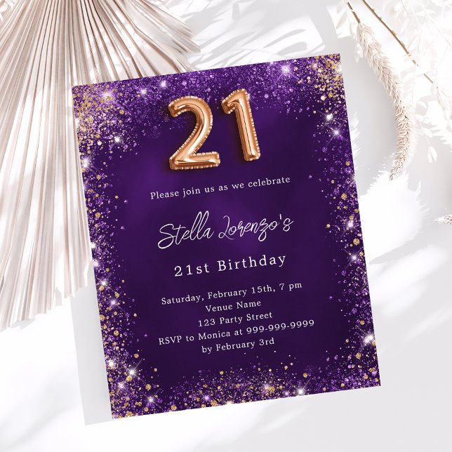 21:a födelsedag lila ro guld inbjudan (Skapare uppladdad)