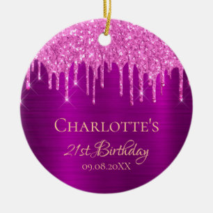 21:a födelsedag lila rosa glitter tack. julgransprydnad keramik