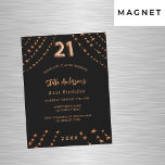 21:a födelsedag lyxen ro guld stjärnor magnetisk inbjudningskort<br><div class="desc">För en elegant,  21:a födelsedag party. En svart bakgrund. Dekorerad med ro guld stjärnor. Anpassa och lägg till namn,  närmare uppgifter om party,  födelseår. Namn är skrivet med ett handskript i stil</div>