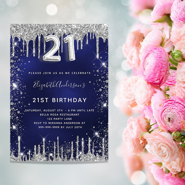 21:a födelsedag: marin blå lyx silver glitter inbjudningar (Skapare uppladdad)