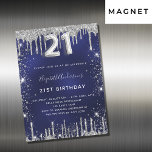21:a födelsedag: marin blå lyx silver glitter magnetisk inbjudningskort<br><div class="desc">En modern,  snyggt och glamorös inbjudande magnet för en 21-årsdag party. En marin blå bakgrund,  dekorerad med faux silver glitter,  gnistor. Den blå färg är ojämn. Anpassa och lägg till ditt namn och information om party. Nummer 21 skrivs med ett stil-skript med ballong.</div>