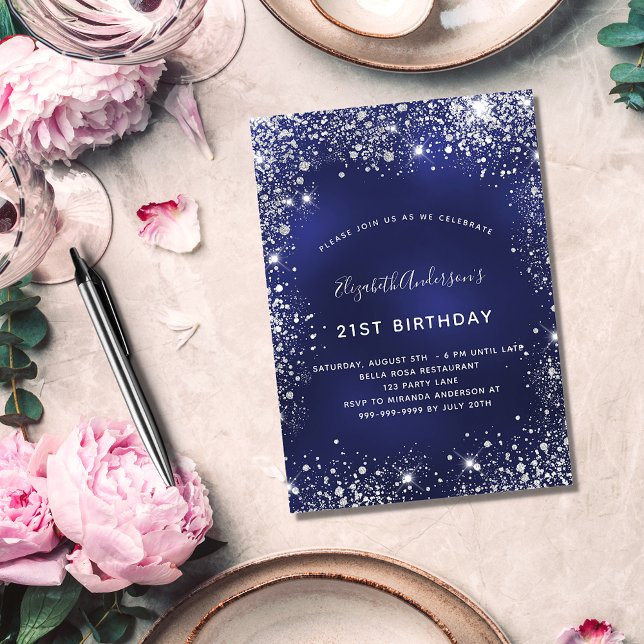 21:a födelsedag: marin blå silver glitter glamorös inbjudningar (Skapare uppladdad)
