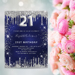 21:a födelsedag: marint blått dammglam från silver inbjudan vykort<br><div class="desc">En modern,  snyggt och glamorös inbjudan till 21-årsdagen party. En marin blå bakgrund,  dekorerad med faux silver glitter damm. Anpassa och lägg till ditt namn och information om party. Nummer 21 skrivs med ett stil-skript med ballong. Tillbaka: royalet blå färg</div>