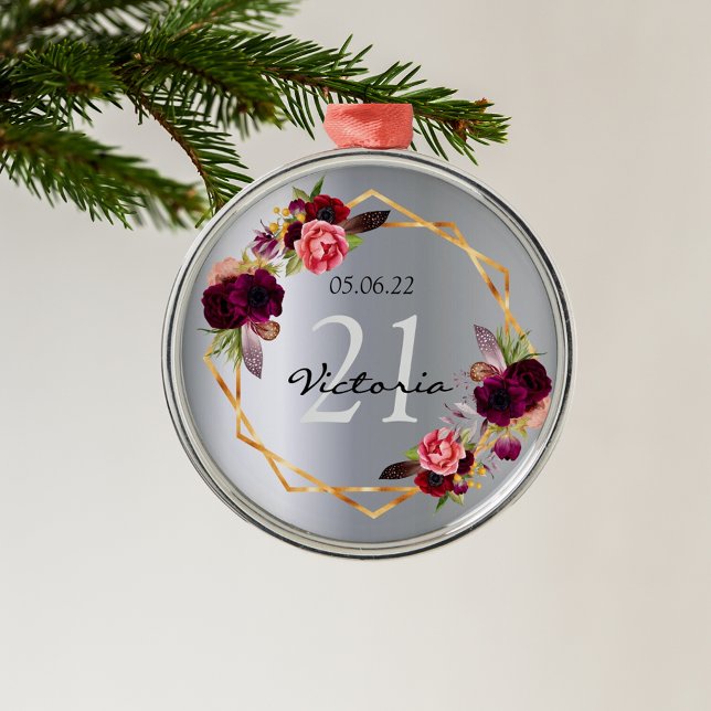 21:a födelsedag med blommigt i silver, geometrisk  julgransprydnad metall (Skapare uppladdad)