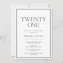 21:a födelsedag med minimal typografi, svart och v