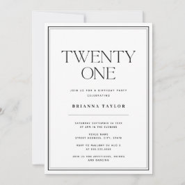 21:a födelsedag med minimal typografi, svart och v inbjudningar