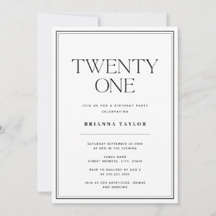 21:a födelsedag med minimal typografi, svart och v inbjudningar