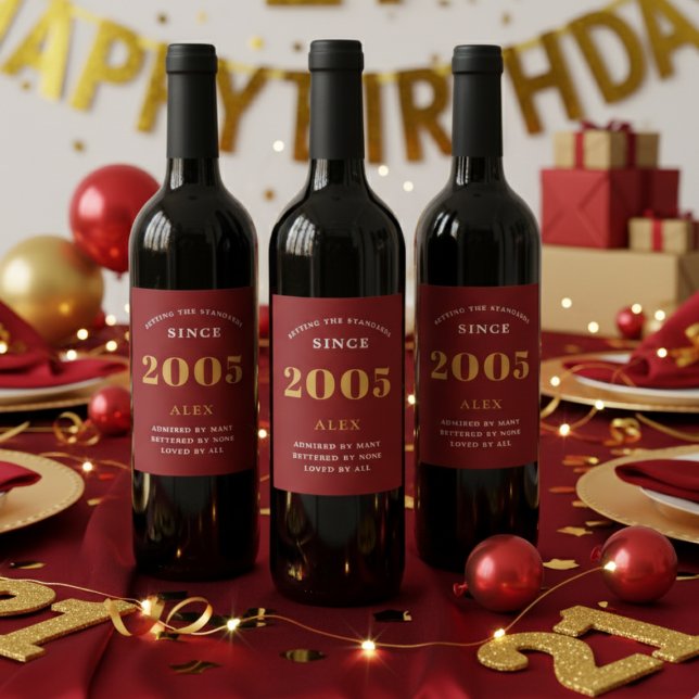 21:a födelsedag Namn 2005 Chicen Röda Guld Elegant Vinflaska Etikett (Red 21st birthday wine bottle labels on dark wine bottles)