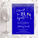 21:a födelsedag - Ost till 21 års Royal blått Inbjudningar<br><div class="desc">21:a födelsedagsinbjudan. Skål för 21 år! Elegantens utformning i royal blå,  vit och silver. Innehåller champagneglas,  typsnitt för manus och konetti glitter silver. Perfekt för en snyggt födelsedagsfest. Anpassa med dina egna detaljer. Kan anpassas för att visa vilken ålder som helst.</div>