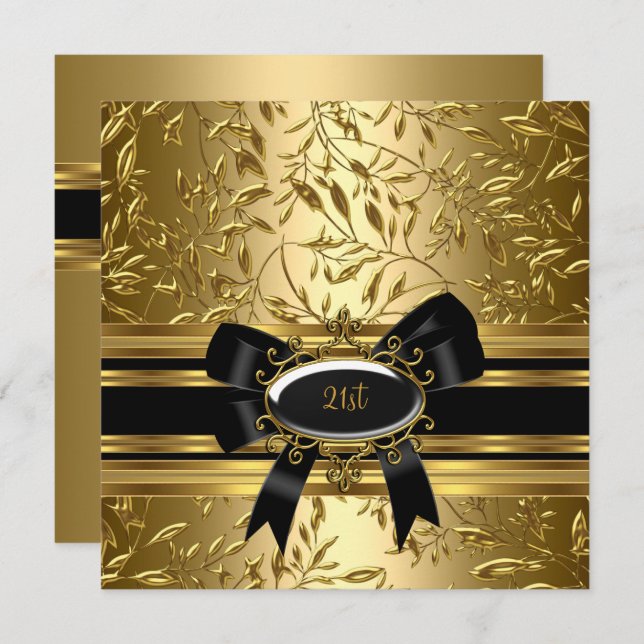 21:a födelsedag Party Black Guld Blommigt 2 Inbjudningar (Fram/baksida)