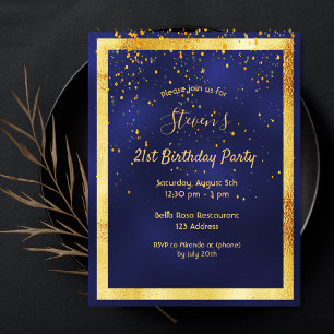21:a födelsedag party blue guld konetti inbjudan