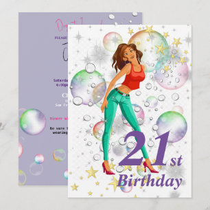 21:a födelsedag Party Cute Girl Meme Bubbles Stars Inbjudningar